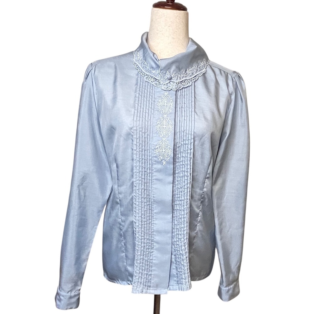 Vintage Nicola Blue Long Sleeve Embroidered Pintuck High Neck Blouse 80s Size 10
